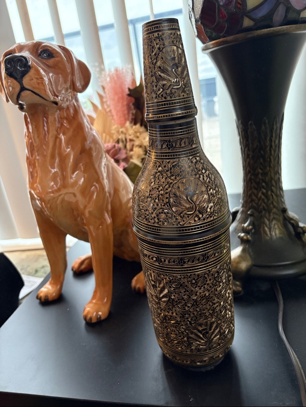 Vintage Ornate Hand Crafted Brass Etched Peacock And Floral Water Or Wine Bottle - Picture 10 of 10